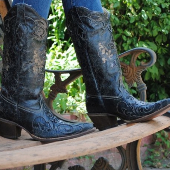CORRAL C2108 black distressed snip toe cowgirl boots exotic lizard inlay sz 7.5 - Picture 7 of 7